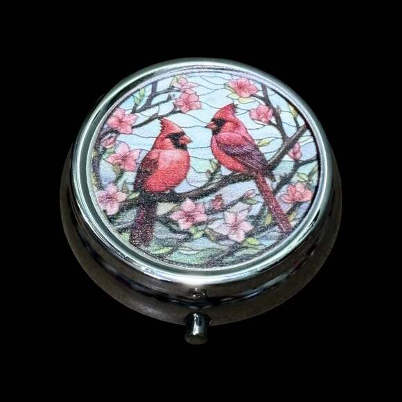 Unbranded Other - Cute Red Cardinal Portable Round Metal Pill Organizer Case